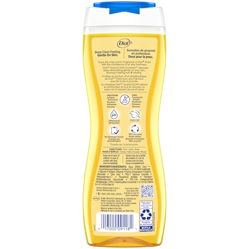 Dial Body Wash, Hydraclean Complex & Vitamin E, Gentle, Leaves Skin Feeling Nourished, Dermatologist-Tested, No Parabens & Sulfates, Advanced Clean, Gold, 16 Fl Oz, (Pack of 4)