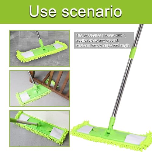 Dust Mop for Floor Cleaning with 2 Washable Chenille Pads and Extendable 58” Long Handle, Dry Wet Flat Mop with Scouring Pad for Hardwood, Laminate, Tile, Marble (Green)