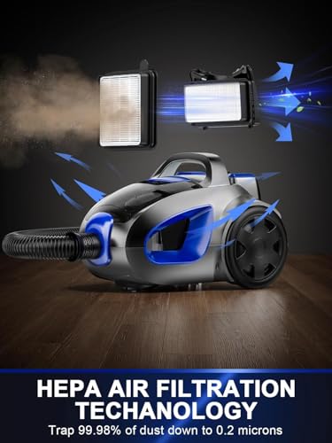PKUYIE Canister Vacuum Cleaner, 40Kpa 1600W Cyclon Power Bagless Canister Vacuum Cleaners for Home, 3.7QT Large Dust Cup, Lightweight Vac for Hard Floors, Carpets, Pet Hair, Blue