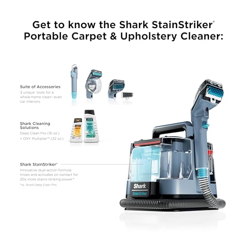 Shark StainStriker | Portable Carpet, Upholstery & Area Rug Cleaner | 4 Tools | Bonus Full-Size Solutions | Powerful Stain & Odor Remover | Deep Clean & OXY Solutions | Blue | PX202BRN