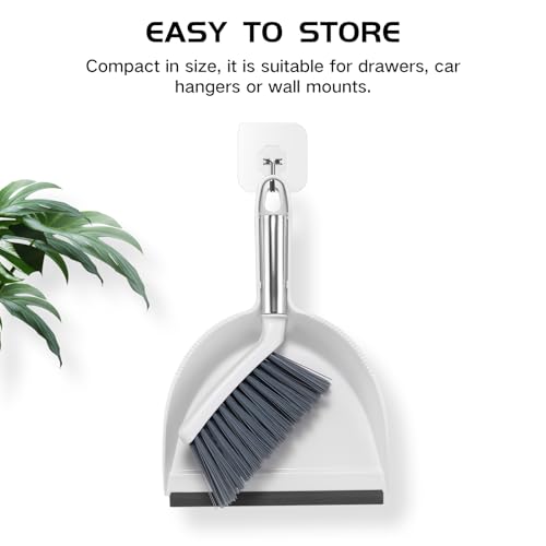 NACENA Mini Broom and Dustpan Set, Small Dust Pan and Brush Set with Handle Dustpan Teeth for Cleaning Hair Suitable for Office Desks Drawers Sofas Outdoor Camping, White & Gray