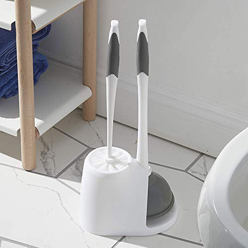 Clorox Toilet Plunger and Brush Bowl Set with Holder Caddy Storage for Cleaning Bathroom and Unclogging Toilets, White and Gray