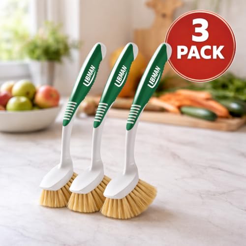 LIBMAN Vegetable Brush Scrubber for Food - 3 Pk Veggie Scrubber with Handle - Fruit Produce Mushroom Potato Brush - Natural Tampico Fibers, Firm Soft Bristles, Gentle on Produce; Tough on Dirt
