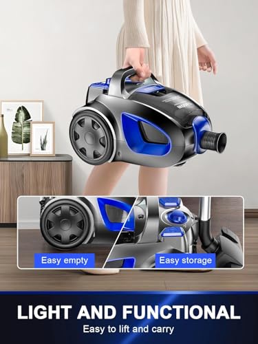 PKUYIE Canister Vacuum Cleaner, 40Kpa 1600W Cyclon Power Bagless Canister Vacuum Cleaners for Home, 3.7QT Large Dust Cup, Lightweight Vac for Hard Floors, Carpets, Pet Hair, Blue