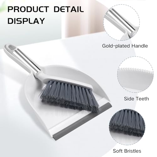 NACENA Mini Broom and Dustpan Set, Small Dust Pan and Brush Set with Handle Dustpan Teeth for Cleaning Hair Suitable for Office Desks Drawers Sofas Outdoor Camping, White & Gray