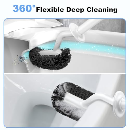 HAMITOR Toilet Bowl Brush Holder Set: Curved Design with Holder for Deep Cleaning Under Rim - Compact Hidden Scrubber for Small Space - Modern RV Bathroom Accessories - White 1 Pack