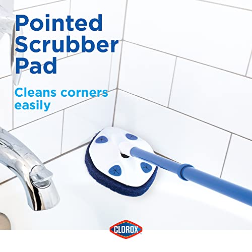 Clorox Extendable Tub & Tile Scrubber with Polyurethane Head – Heavy Duty Bathroom Cleaning Brush with Bonus Refill, Pivoting Head, Replaceable Pad, Works with Clorox Wipes
