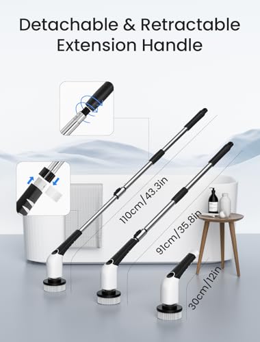 KEIMI Electric Spin Scrubber, Cordless Shower Cleaning Brush with 8 Replaceable Brush Heads, 3 Speeds, Extension Handle, Digital Display, IPX7 Power Scrubber for Bathroom, Tub, Tile and Floor