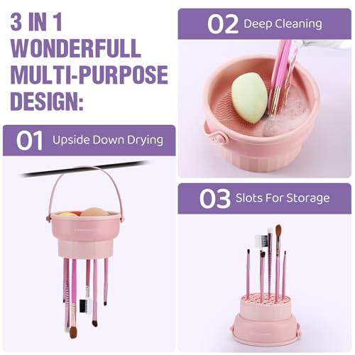 GOLIKEE Makeup Brush Cleaner Mat 3 in 1 Silicone Makeup Brush Cleaner Bowl Cosmetic Brushes Cleaning Tool Organizer for Storage and Air Drying（Khaki）