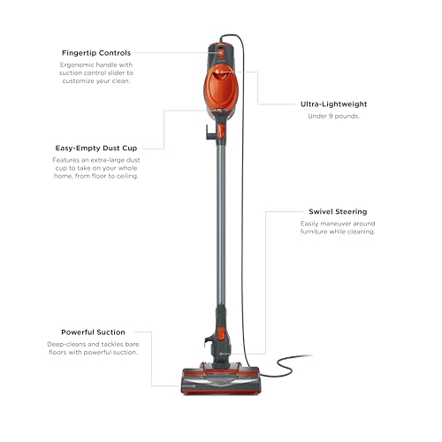 Shark Rocket Ultra-Light | Corded Stick Vacuum Cleaner for Carpet, Rugs & Hard Floors | Lightweight Hand Vacuum for Pet Hair & Upholstery | Swivel Steering | 2 Attachments | Gray/Orange | HV301