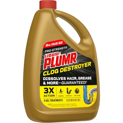 Liquid-Plumr Pro-Strength Full Clog Destroyer, Bathroom & Kitchen Sinks, Shower and Tub Drain, Safe for Pipes, Liquid Drain Cleaner, 80 Fluid Ounces