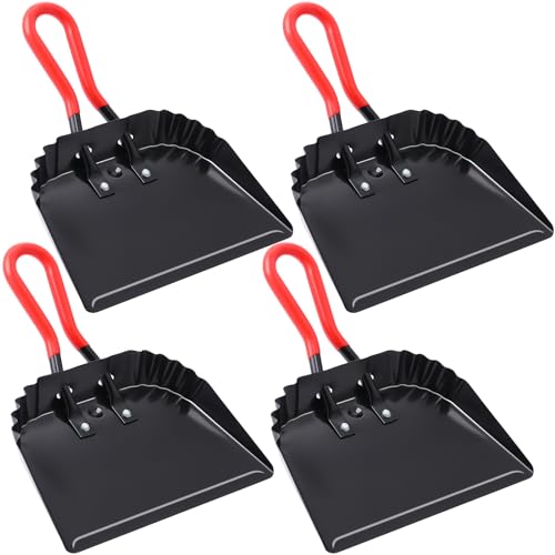 Uiifan 4 Pcs Industrial Metal Dustpans 12" Heavy Duty Dust Pan with Handle Commercial Dustpan Wide Scooper Dust and Debris Sweeping Tool Precision Edge Rubber Grip Loop Handle (Black)