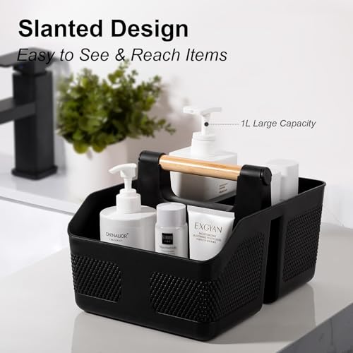 rejomiik Shower Caddy Portable with Bamboo Handle, Plastic Basket Cleaning Caddy Organizer Storage Tote for Bathroom, College, Dorm Room Essentials, Black
