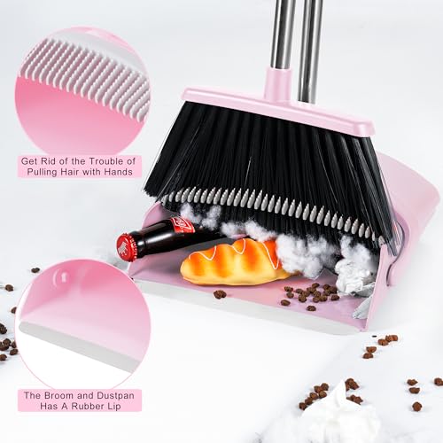 BSKLIN Broom and Dustpan Set for Home, 52” Long Handle Broom with Dustpan Combo Set with Dust Pan Teeth to Clean Hair Sweeping Set for Kitchen Hardwood Floors Pet Hair (Pink)