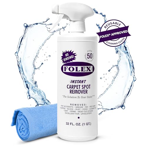 FOLEX Instant Carpet Spot Remover 32 oz – Powerful Stain Remover for Carpets, Upholstery & Rugs – Eliminates Pet Stains, Grease, Red Wine, Food, Makeup & More – With Reusable Cleaning Cloth - 1 Pack