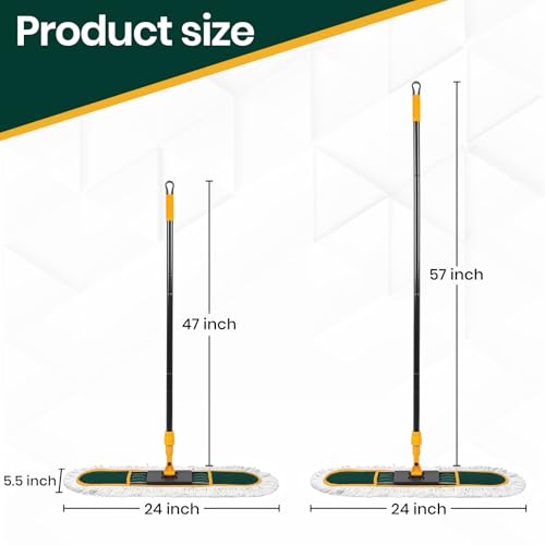 24 Inch Commercial Dust Mop for Floor Cleaning-Heavy Duty Dry & Wet Push Broom with 3 Washable Pads, 57" Handle & 360° Swivel Floor Duster for Hardwood, Laminate, Vinyl Floors & Warehouse
