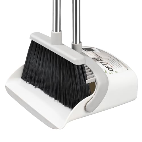 OPTTIDI Broom with Dustpan Combo Set, Hand Broom and Dustpan Set for Sweeping Indoor Angle Broom for Home Office Kitchen Lobby Floor Pet Hair Indoor&Outdoor Cleaning (White&Gray)