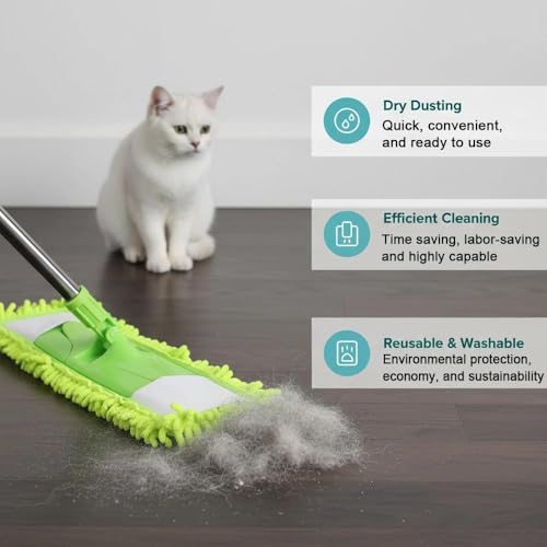 Dust Mop for Floor Cleaning with 2 Washable Chenille Pads and Extendable 58” Long Handle, Dry Wet Flat Mop with Scouring Pad for Hardwood, Laminate, Tile, Marble (Green)