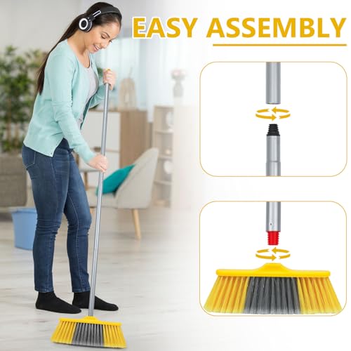 Indoor Broom for Floors 55” Soft Bristle Brooms for Sweeping Indoor/Outdoor to Clean Kitchen, Lobby, Office, Hardwood, Tile, Concrete, Patio, Deck-Yellow