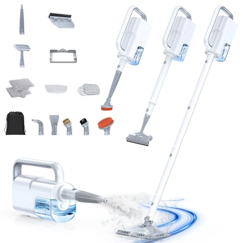 Steam Mop with Detachable Handheld Steam Cleaner, 10-in-1 Multi Accessories, Quick 10s Heat, 350ml and 2-Level Steamer for Cleaning Floor, Carpet, BBQ Grill, Tile, and Grout, Light White