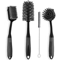 Dish Brush Set of 4 - Kitchen Scrub Brushes with Non-Slip Long Handle for Cleaning, Scrubber, Dishwashing, Dishes, Bottles, Straws, Cups, Pots & Sink, Black