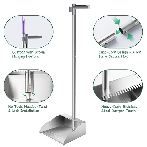 Metal Dust Pans with Long Handle,Heavy Duty Dust Pan with Handle,Upright Stand Up Dustpan with Dust Pan Teeth to Clean Hair for Home Kitchen Office Lobby Floor Garden