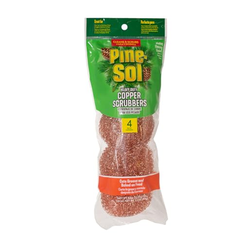 Pine-Sol Heavy-Duty Copper Coated Scrubbers - Premium Scrub Sponges for Cast Iron Pans, Stainless Steel Cookware, Oven Racks, and Grills, 4 Pack