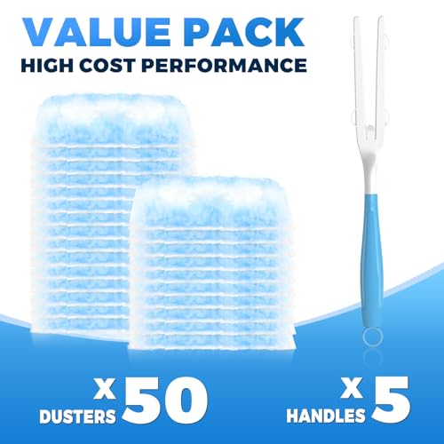 Duster Refills Compatible with Swiffer Duster Refill Heavy Duty, 50 Refills & 5 Handles Kit for Swiffer Duster Kit, Dusters for Cleaning Car Electronics Furniture Blinds, Ceiling Fan Cleaner