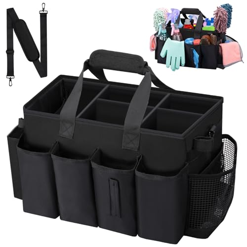 Wigojoy Wearable Large Cleaning Caddy Bag for Housekeeper, Clean Supply Organizer with Adjustable Shoulder, Waist & Handle Straps, Detailing Bag for Kitchen Supplies (Black)