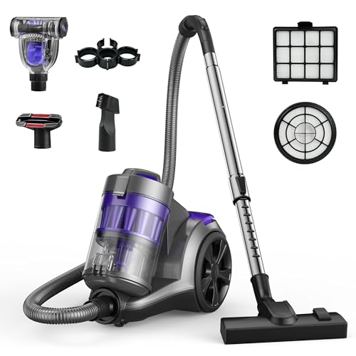 Aspiron 1700W Canister Vacuum Cleaner, 45Kpa Bagless Vacuum Cleaner, Multi-Cyclonic Filtration, 2 Anti-Allergen HEPA Filters, 3.5QT Dust Cup, 4 Tools, Corded Vacuum for Hard Floor, Pet Hair, Violet