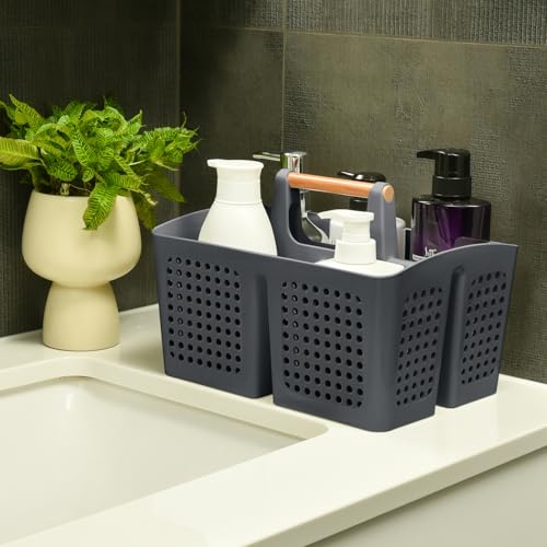 PAKCHOICE Portable Shower Caddy Basket with Wood Handle, 3-Compartment Bathroom Organizer Tote with Drain Holes, Plastic Shower Basket for Dorm, Toiletries, Cleaning Supplies, Dark Gray