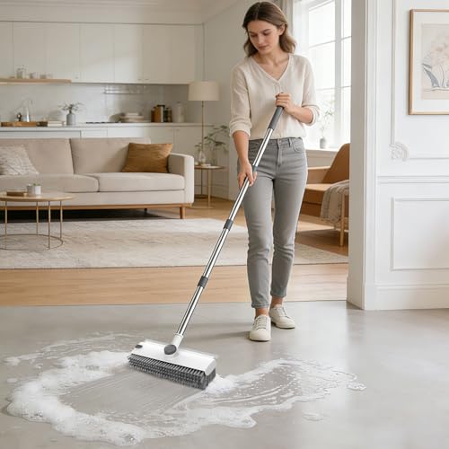 SetSail Floor Scrub Brush, 3 in 1 Floor Scrub Brush with 54-in Adjustable Long Handle and Scraper Heavy Duty Stiff Bristle Floor Scrubber for Cleaning Shower Bathroom Kitchen Patio Garage, Grey&White