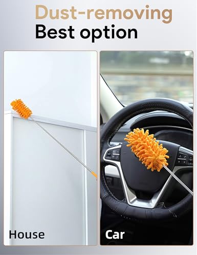 Microfiber Duster for Cleaning, Tukuos Hand Washable Dusters with 2pcs Replaceable Microfiber Head, Extendable Pole, Detachable Cleaning Supplies for Office, Car, Window, Furniture, Ceiling Fan