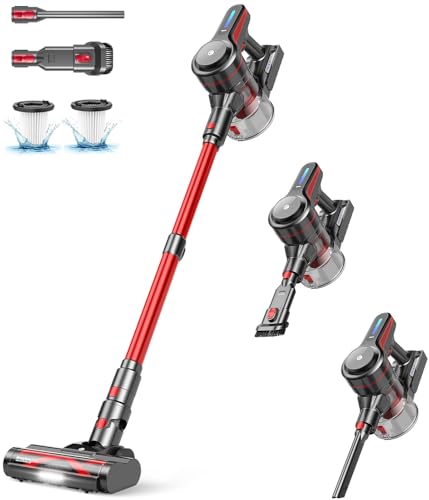CHEBIO Lightweight Cordless Vacuum Cleaners for Home, Stick Vacuum Cordless Rechargeable with 45kPa Suction,45-Min Run,Anti-Tangle and Self-Stand, 6 in 1 Hardwood Vacuum Cleaner (red)