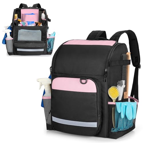 LoDrid Cleaning Bag with Thickened Adjustable Shoulder Straps, Large Cleaning Caddy Organizer with Multiple Pockets for Cleaning and Housework, Pink (Patent Designed)