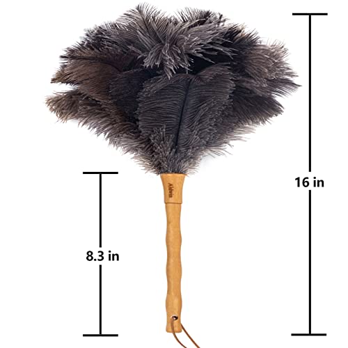 Aldwin Ostrich Feather Duster, 16 inch Ostrich Feather Duster with Wood Handle Reusable, Fluffy Natural Genuine Handheld Feather Duster for Cleaning Supplies, Home, Car, Office