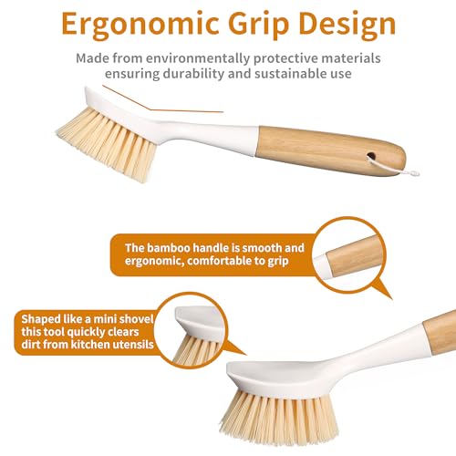 2 Pack Kitchen Dish Brush Bamboo Handle Dish Scrubber Built-in Scraper, Scrub Brush for Pans, Pots, Kitchen Sink Cleaning, Dishwashing and Cleaning Brushes are Perfect Cleaning Tools, White
