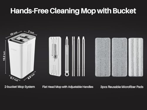 JOYMOOP Mop and Bucket Set for Home and Commercial Use, Flat Mop System with 3 Reusable Microfiber Pads, Floor and Wall Cleaner
