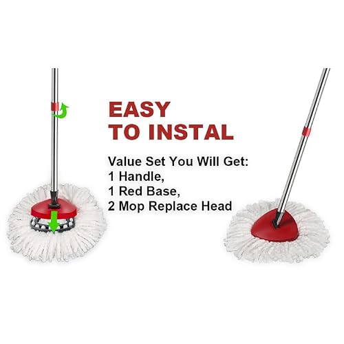 Hibaby 2 Spin Mop Head Replacement, 1 Base, 1 Mop Handle (30-58in) Combo Mops Set Compatible with OCedar EasyWring RinseClean Microfiber Mops (White (1-Tank System))