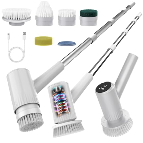 BOTLIFE Electric Spin Scrubber – 5-Hour Battery, 6 Brush Heads, No Bending with 47" Extendable Handle, Cordless Power Scrubber for Bathroom Shower Bathtub Tile Kitchen Floor