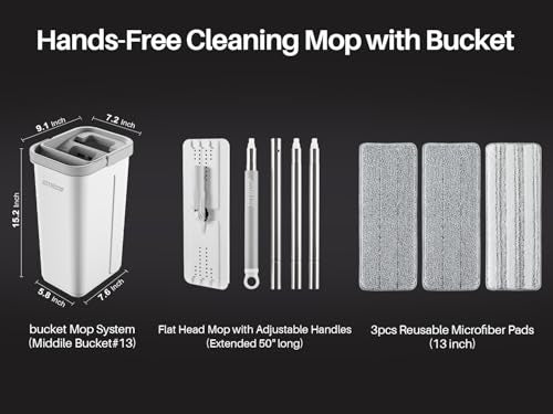 JOYMOOP Mop and Bucket Set, Hands-Free Flat Floor Mop with 3 Washable Microfiber Pads, Wet and Dry Use, Ideal for Home and Commercial Floor Cleaning