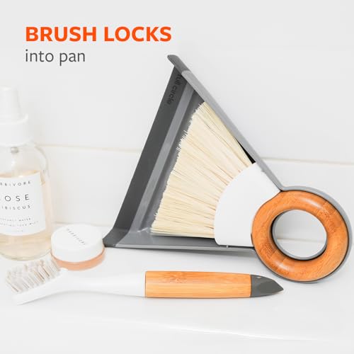 Full Circle Tiny Team Mini Compact Brush & Dustpan Set, Portable Handheld Broom for Quick Cleanups, Ideal for Home, Bathroom, Kitchen Countertops. Bamboo Hand Broom & Small Crumb Sweeper, White