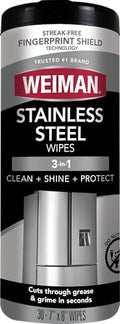 Weiman Stainless Steel Cleaner, 30 Count Wipes, Anti-Fingerprint, Removes Grease, Water Spots, Streaks & Residue, Polishing Cleaner Safe for Appliances, Chrome, Sinks & Grill Exteriors