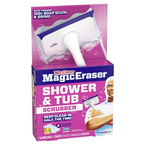 Mr. Clean Magic Eraser Shower & Tub Scrubber, Bathroom Cleaner, All in One Bathroom Cleaner, Lemon Starter Kit, 2 Scrubber, 5 Foaming Magic Erasers, 1 Whole Home Extra Durable Magic Eraser