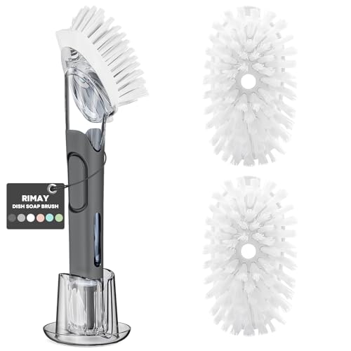 Soap Dispensing Replacement Dish Brush Storage Set with 2 PCS Brush Refills & Holder - RIMAY Dispenser Scrub Cleaning Scrubber Kitchen Dishwashing Dish Wand Handle for Dishes/Pans/Pots/Sink(Black)