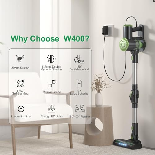 PRETTYCARELIFE Cordless Vacuum Cleaner, Lightweight Stick Vacuum Cleaner, 6 in 1, Self-Standing with Powerful Suction, 180° Bendable Wand Rechargeable Cordless Vacuum for Hardwood Floor (Green)