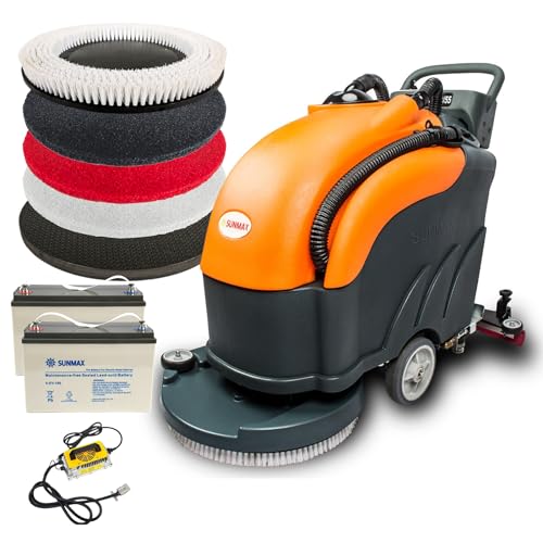 SUNMAX 22" Walk-Behind Commercial Floor Scrubber Machine, Cordless Battery Powered, 13.2/14.5-Gal Dual Tanks, Up to 5 Hours Runtime, 31" Squeegee, Hard Floor Cleaner for Tile, Concrete, Epoxy & VCT