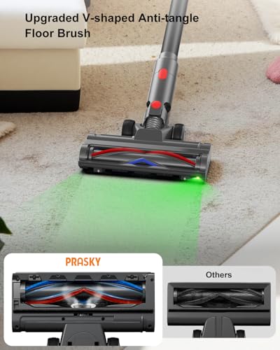 Prasky Cordless Vacuum Cleaner, Stick Vacuum Rechargeable, 550W 45KPA Powerful Suction Lightweight Vacuum Cleaners for Home, Anti-Tangle, Self Standing for Pet Hair Hardwood Floor Carpet - Black