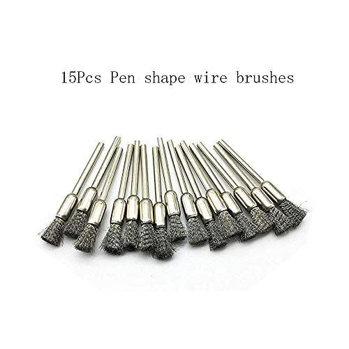 15 Pcs Pen Shape Stainless Steel Wire Brushes Wheel 1/8'' Mandrel Rust Removed Polishing Wheel for Dremel Rotary Tool