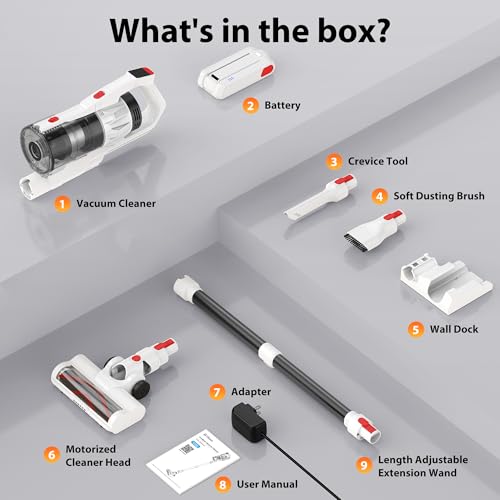 Tikom V750 Cordless Vacuum Cleaner for Home, 45000Pa/500W Stick Vacuum with LED Display, Charging Wall Dock, Anti-Tangle, Lightweight Handheld Vacuum for Pet Hair, Hard Floor, Carpet, White